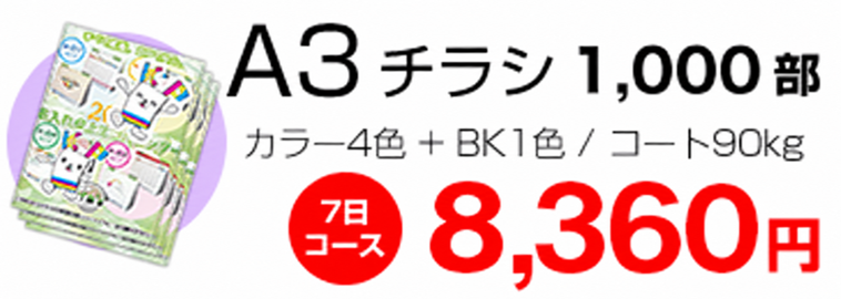 A3チラシ 1000部 カラー4色+BK1色 8360円